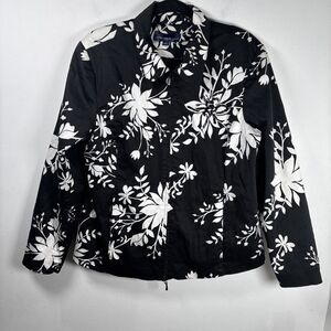 Susan Graver Style Jacket size L Black White Floral Beaded Zip Front Lightweight